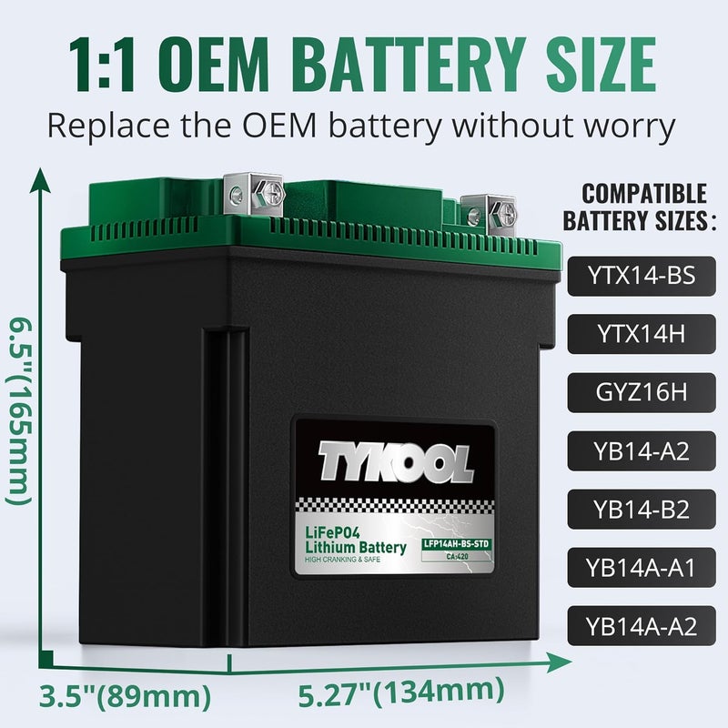 TYKOOL YTX14AH-BS-STD, LiFePO4 Lithium Motorcycle Battery,12.8V 7Ah,420CCA,5X Longer Life,Digital Readout, Powersports Battery,Fits for ATV, UTV, Snow mobile,Polarity:[+ -] - Image 2